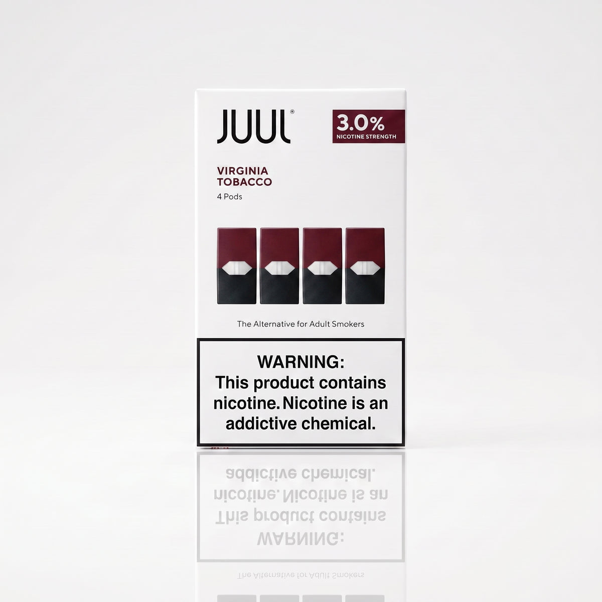A box of JUUL Virginia Tobacco pods on a light gray background. The white packaging features the JUUL brand name, a '3.