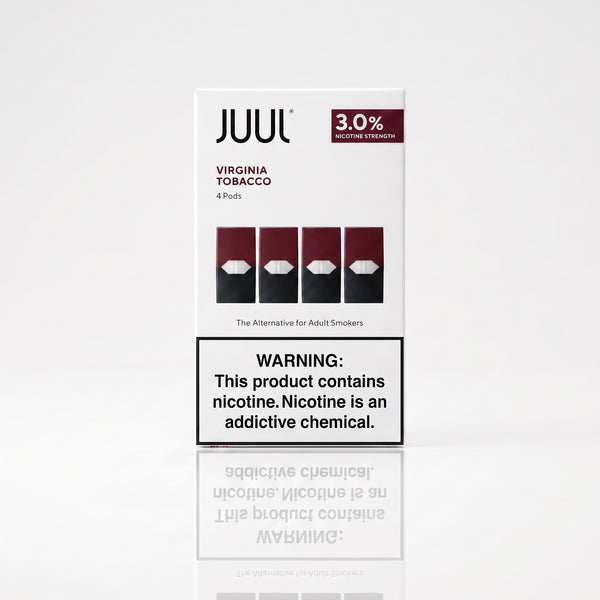 A box of JUUL Virginia Tobacco pods on a light gray background. The white packaging features the JUUL brand name, a '3.