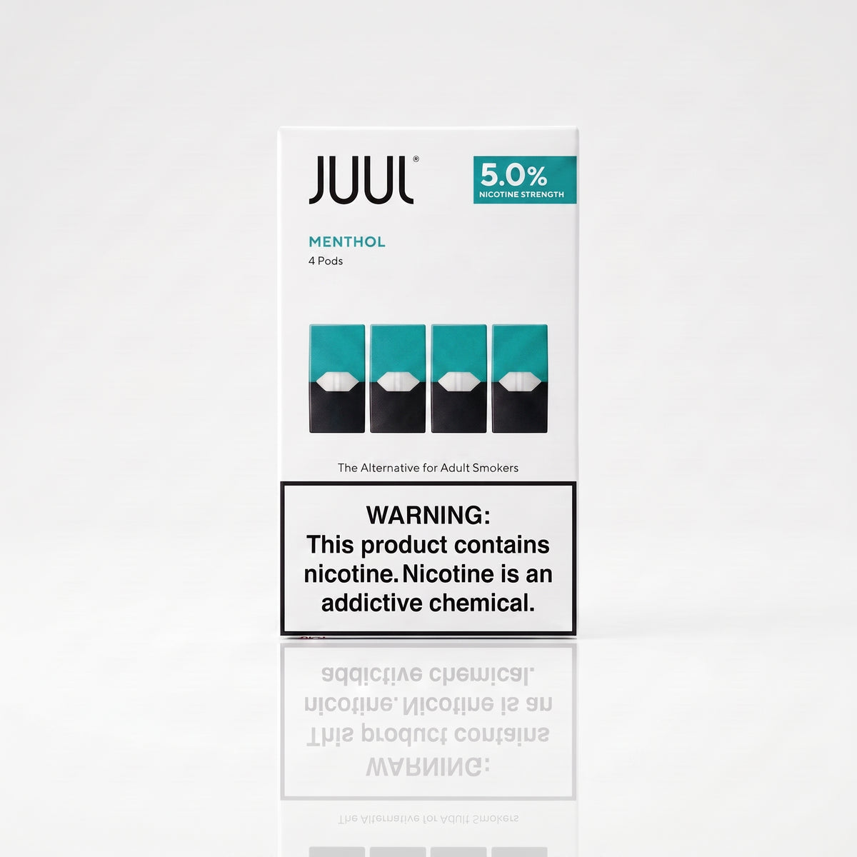 A box of JUUL menthol 4-puffs nicotine replacement pods, featuring a white packaging design with teal and black graphics and a prominent nicotine warning label.