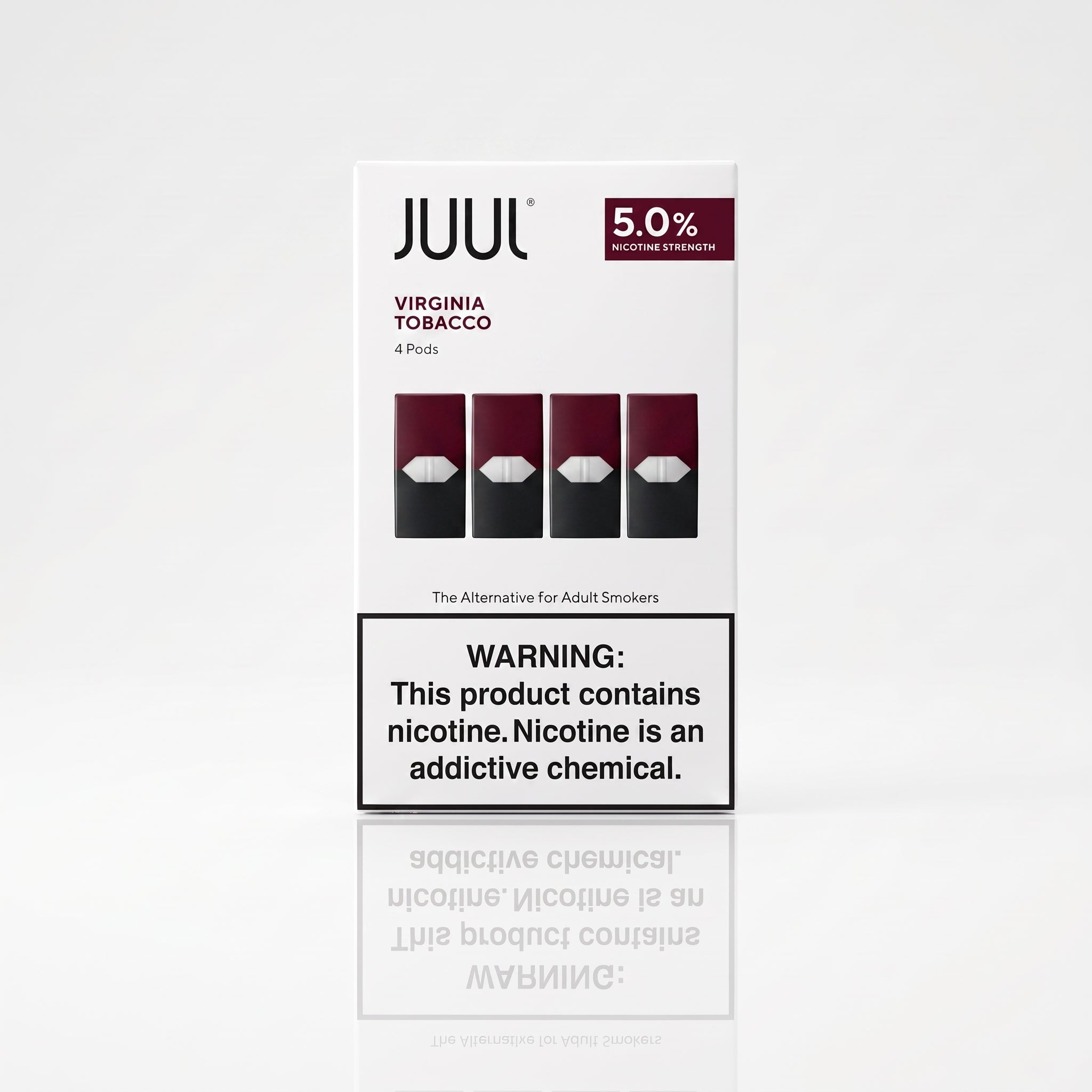 A box of JUUL Virginia Tobacco 5.0% nicotine pods, featuring four pods pictured on the front alongside a prominent nicotine warning label, set against a clean white background with a soft reflection below.