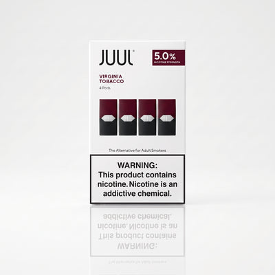 A box of JUUL Virginia Tobacco 5.0% nicotine pods, featuring four pods pictured on the front alongside a prominent nicotine warning label, set against a clean white background with a soft reflection below.