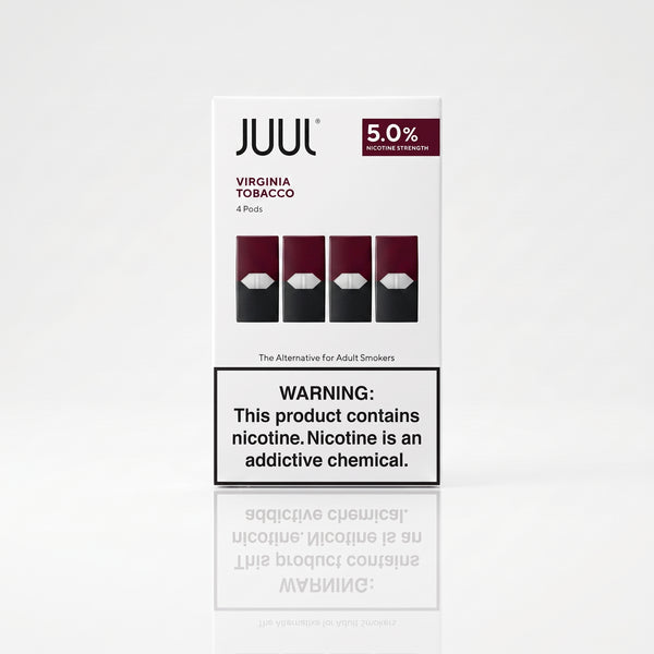 A box of JUUL Virginia Tobacco 5.0% nicotine pods, featuring four pods pictured on the front alongside a prominent nicotine warning label, set against a clean white background with a soft reflection below.